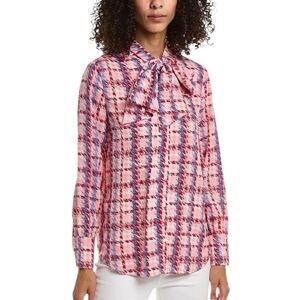 GRACIA Aztec Print Button Blouse Top Pink‎ Tie Neckline Long Sleeves NWT